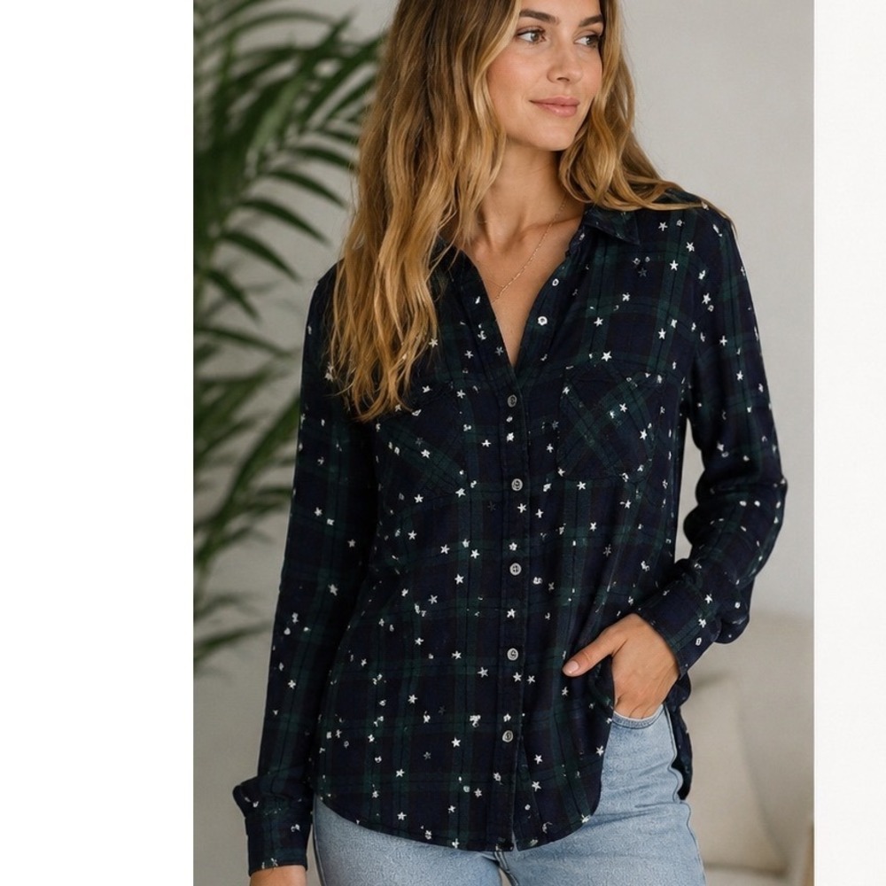 Rock & Republic Green Navy Blue Plaid Star Print Button Down Shirt Large - Picture 1 of 7